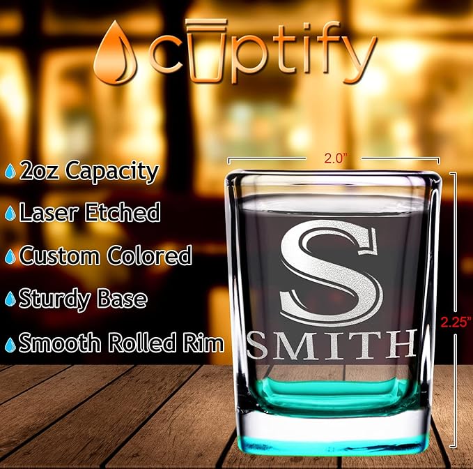 Personalized Shot Glasses Set of 4 Initial and Name 2oz Teal Bottom Etched Square Shot Glass Engraved with Custom Text Birthday Gift for Men and Women
