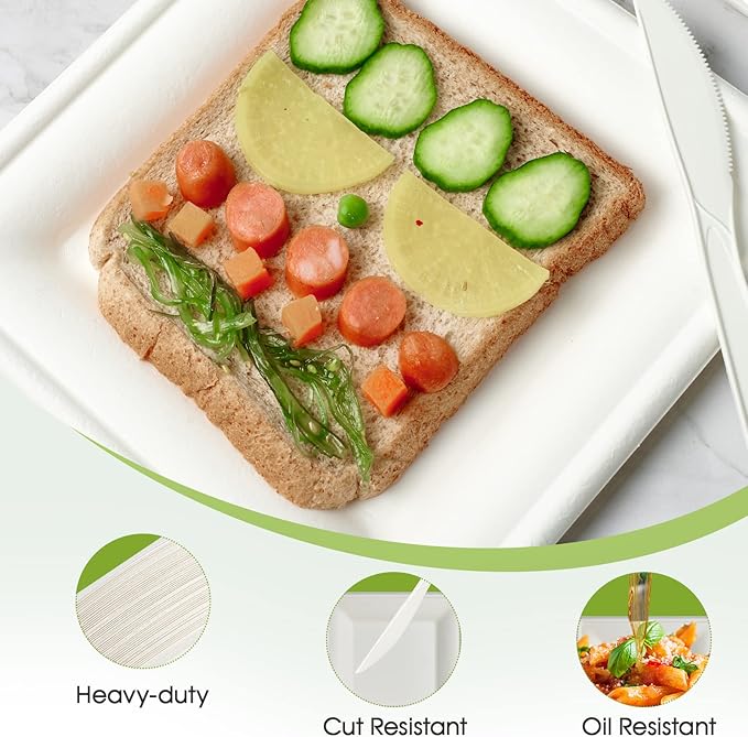 ECOLipak 150 Piecs Compostable Square Plates, 6 inch Eco-friendly Heavy Duty Biodegradable Sugarcane Disposable Paper Plates for Party Dinner Birthday