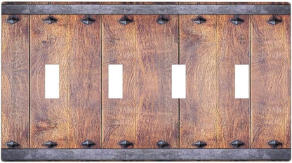 Light Switch Cover Rustic Farmhouse Barn Door Vintage Wood 4 Gang Switch Plate Quad Toggle Wall Plates Decorative Switchplate Electrical Outlet Cover for Bathroom Cabin Decor