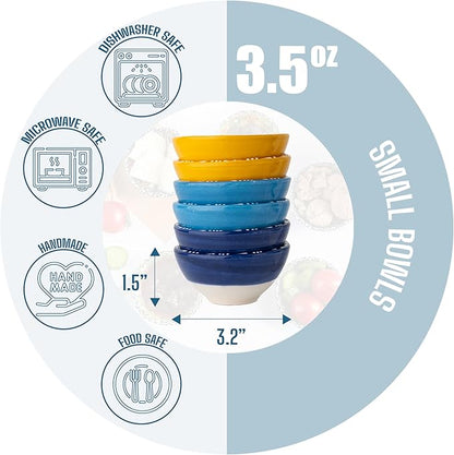 Ceramic Small Dipping Bowls Set of 6, 3.5 Oz Soy Sauce Dish, Handmade Charcuterie, Colorful Pinch, Dishwasher & Microwave Safe, 3.2'' Mini (NAZAR CHARM)