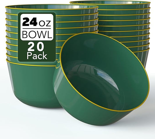 Trendables Plastic Bowls Disposable Bowls 24 Oz Bowl Set Of 20 Green Gold Rimmed Fancy Plastic Serving Bowls Perfect Plastic Ice Cream Bowls Plastic Salad Bowls Plastic Candy Bowl