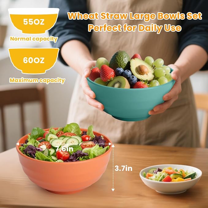 Unbreakable Large Wheat Straw Bowls 60 OZ Salad Bowls - Image 2