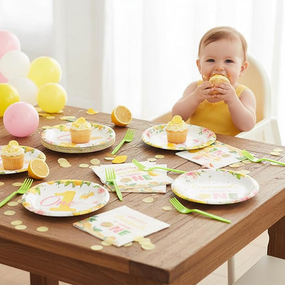 96Pcs Lemon 1st Party Plates Supplies Pink Yellow Our Little Lemonade Is - Image 6