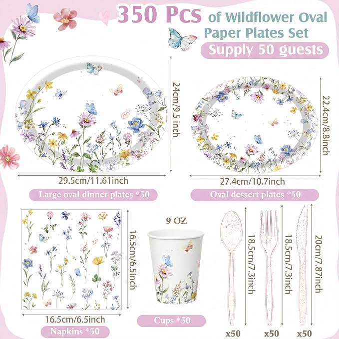 350 Pcs Wildflower Oval Paper Plates Set - Image 3