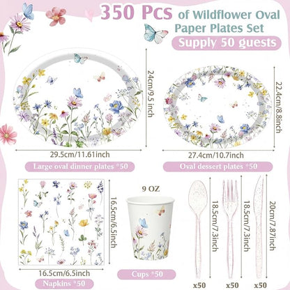 350 Pcs Wildflower Oval Paper Plates Set - Image 3