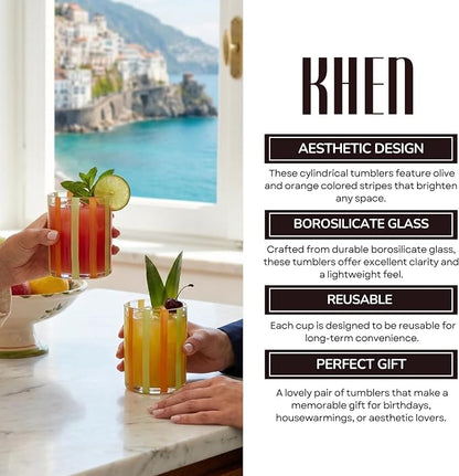 Capri Italian Design Cylindrical Tumblers, 2 Set Olive & Orange Summer Glasses - Image 5