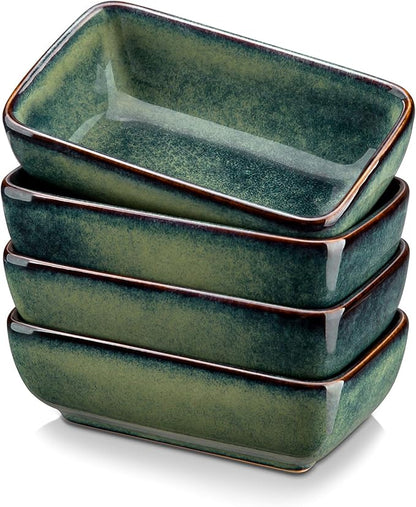 vancasso Stern 6 Oz Dipping Bowls, 4.5 Inches Ceramic Soy Sauce Dish, Rectangular Side Dishes, Small Appetizer Plates Set of 4, Green