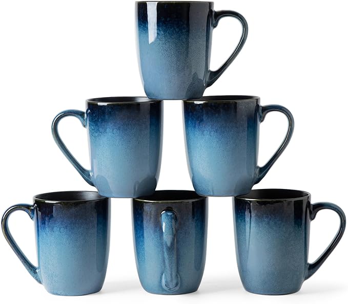 MONITO 14oz Ceramic Coffee Mugs Set of 6, Ice-Snow Blue Mugs by MONITO
