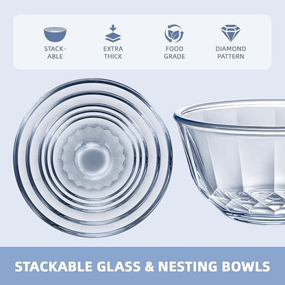 WhiteRhino Glass Mixing Bowls with Lids Set of 5（4.70QT,2.85QT, 1.69QT,1.11QT,0.85QT,Glass Bowls with Lids,Large Salad Bowls Space-Saving Nesting for Cooking,Baking,Prepping,Dishwasher Safe