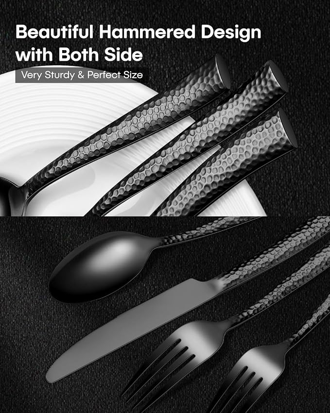 EUIRIO 40-Piece Black Hammered Silverware Set, Stainless Steel Black Flatware - Image 5