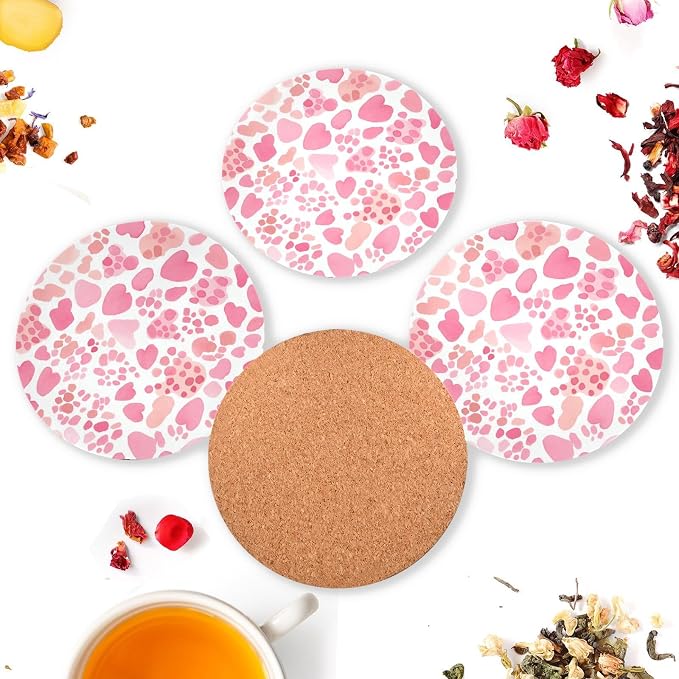 Pink Glitter Leopard Print Set of 4 Round Drink Coaster Cork Trivets - Image 6