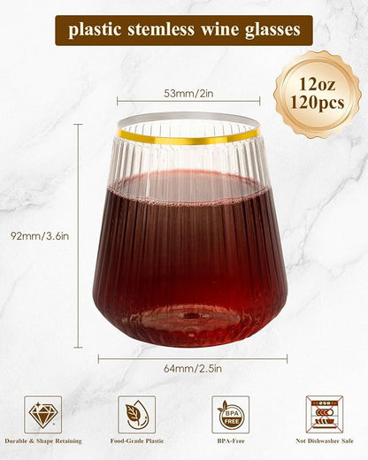 Goodluck 120 Pack 12oz Stemless Ribbed Plastic Wine Glasses Gold Rim | Clear - Image 3