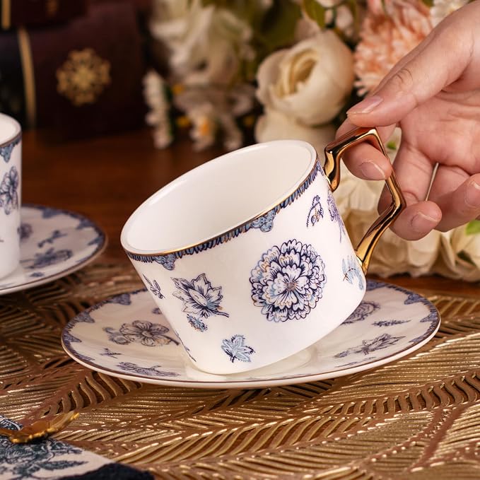 KAMMAK Tea Cups and Saucers Set of 2, Fine Bone China Coffee Cups, 571N | - Image 6