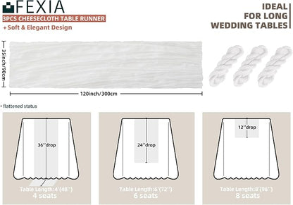 3Pcs White Cheesecloth Table Runner Wedding Bridal Boho Decorations | 35x120 - Image 2