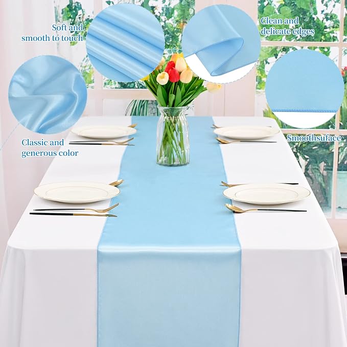 12 Pack Light Blue Satin Table Runner 12 x 108 Inch Long Premium Table Runners - Image 3