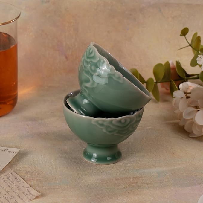 KAMMAK Tea Cup Set of 2 Small Tea Cups 3.7oz Green Porcelain Tea Cup Set - Image 5