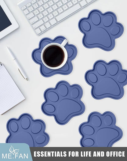 ME.FAN Silicone Coasters 6 Pack Paw Cup Mat with Holder, Dog Cat Paw Shape, for Hot or Cold Drink, Non-Slip, Non-Stick, Room Decor, Housewarming Navy Blue