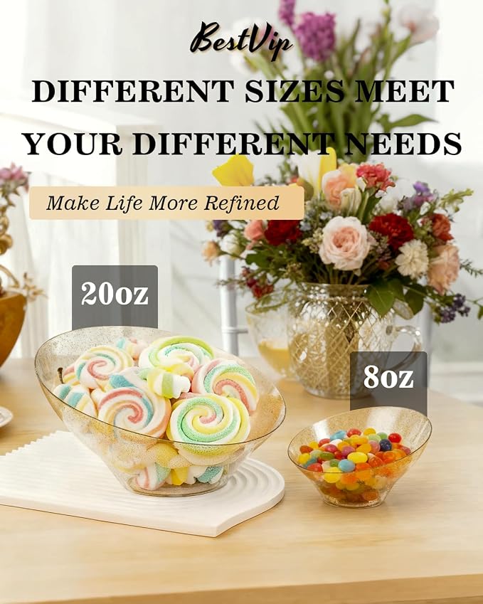 BESTVIP 20 Oz Clear with Gold Glitter Plastic Angled Serving Bowls, 12 Pack | - Image 2