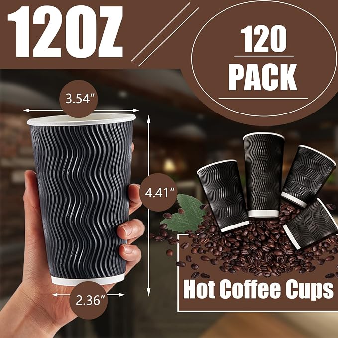 Lamosi 12 oz Disposable Coffee Cups 120 Pack Insulated Corrugated Paper Cup | - Image 2