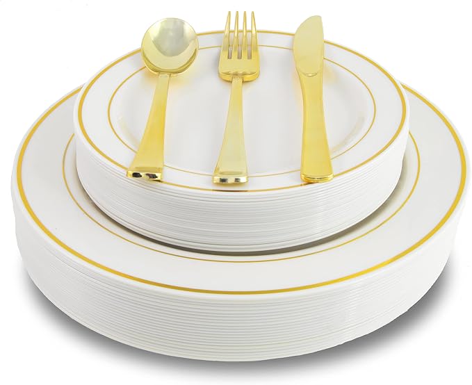 Exquisite 200 Piece Heavyweight Party Disposable Plastic Plates and Cutlery Set by Exquisite