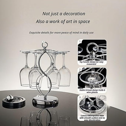 Wine Glass Holder Stand-Elegant Countertop Stemware Rack for 6 Glasses - Freestanding Stainless Steel Drying Organizer for Home Bar, Kitchen & Dining Table Decor