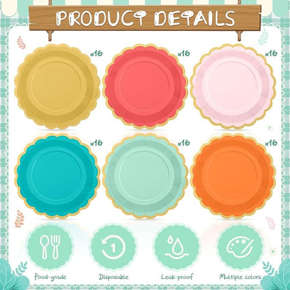 96 Pcs Colorful Coral Paper Plates 9 Inch Pastel Rainbow Scalloped Paper Plates Disposable Dinner Dessert for Birthday Wedding Bridal Party Supplies, 6 Colors