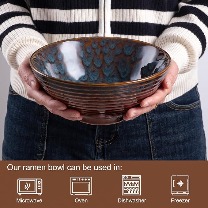 Ceramic Japanese Ramen Bowl Set, 2 Sets Asian Pho Udon Soup Noodle Bowls - Image 3