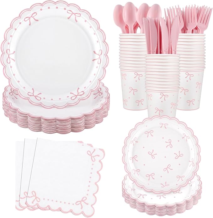 Natnarr 25 Set Pink Bow Birthday Decorations Cute Bow Plates Napkins Set | 9" by NatNarr