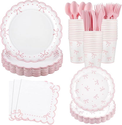 Natnarr 25 Set Pink Bow Birthday Decorations Cute Bow Plates Napkins Set | 9" by NatNarr