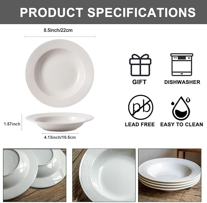 Pasta Bowls Plates Set of 6, 8.5inch Ceramic Plates tableware, Shallow Soup - Image 2