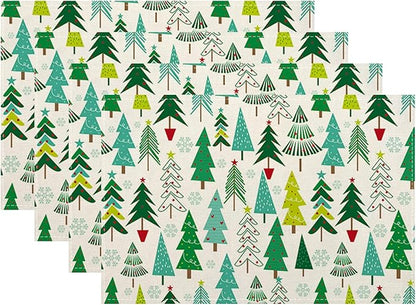 Christmas Placemats Set of 4 Sage Green Christmas Trees Decor Place Mats 12x18 Inch Snowflake Xmas Winter Holiday Decorative Linen Table Mats for Home Kitchen Dining Party Table Decoration