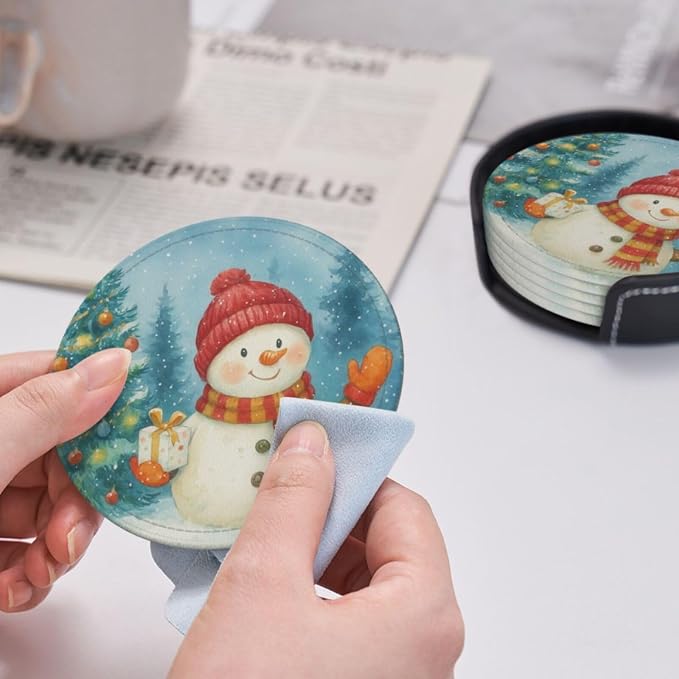 Winter Blue Green Snowman Christmas Tree Coasters - Image 5