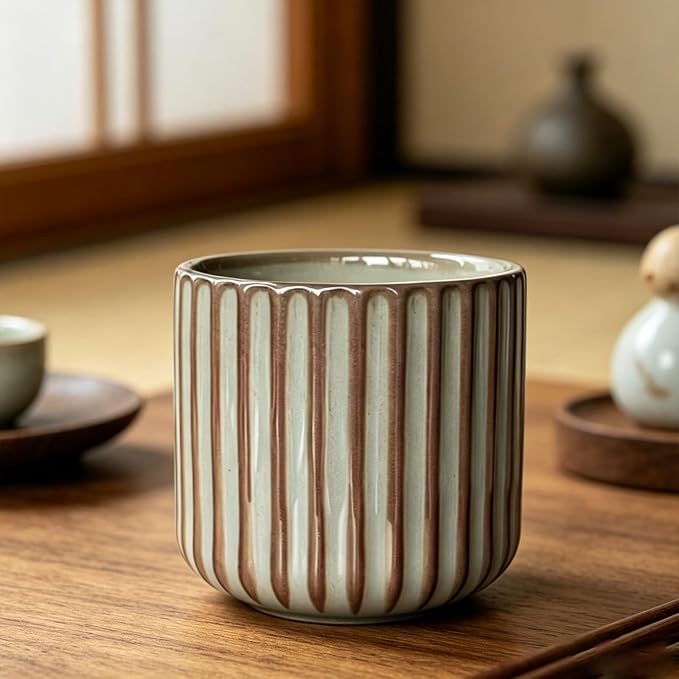 Japanese Ceramic Mug, Vintage Tea Cup 6oz Striped Cup No Handle Drinking Cup - Image 5