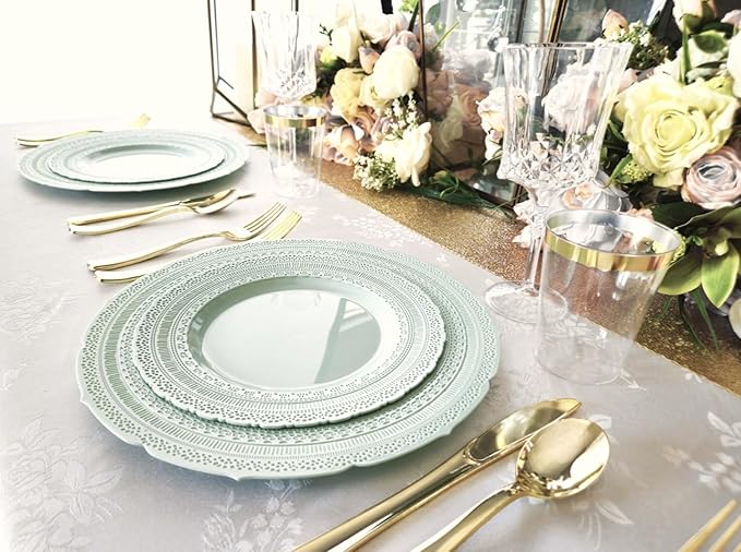 " OCCASIONS " 150pcs set (25 Guests)-Extra Heavyweight Vintage Wedding Disposable/Reusable Plastic Plates -25 x 11'' + 25 x 8.25'' +Silverware (Chateau in Mint)