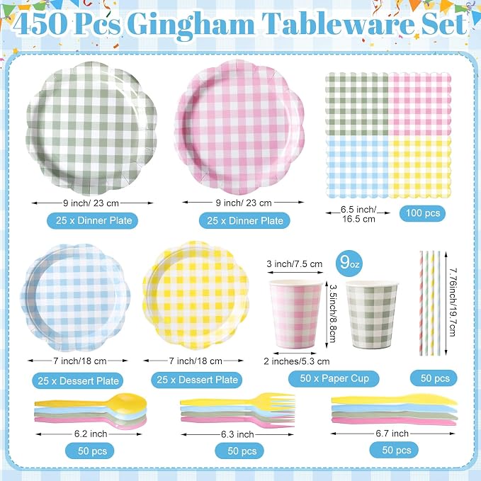 450 Pcs Gingham Tableware Set Decorations, Serves 50 | Pastel Plaid Paper - Image 2