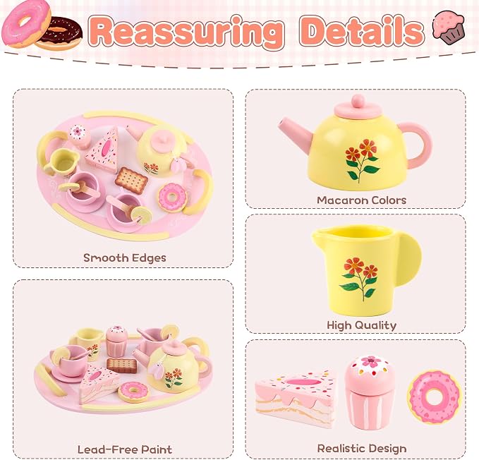 Tea Sets for Toddlers 3-5 Wooden Tea Party Set Toys for 3 Year Old Girls | Tea - Image 3