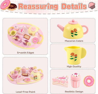 Tea Sets for Toddlers 3-5 Wooden Tea Party Set Toys for 3 Year Old Girls | Tea - Image 3
