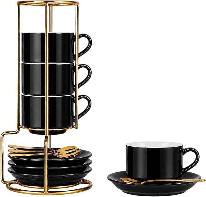 8 Ounce Cappuccino Cups Set of 4, Includes Display Stand, Cups Saucers by Renewrevital