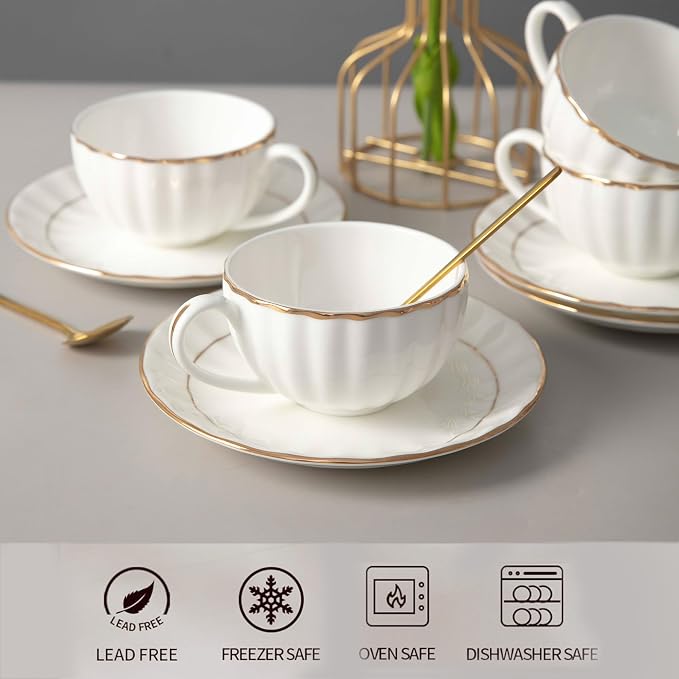 Bone China Tea Cups and Saucers Set – White Luxury Fine Porcelain Mugs - Image 6