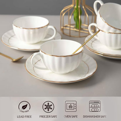 Bone China Tea Cups and Saucers Set – White Luxury Fine Porcelain Mugs - Image 6