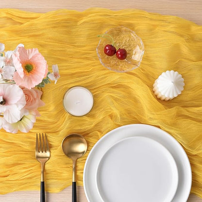 Joanlody Yellow Cheesecloth Table Runner Spring Easter 10Ft Rustic Gauze Boho Cheese Cloth Table Runner for Wedding Bridal Baby Shower Decoration 6 Pack
