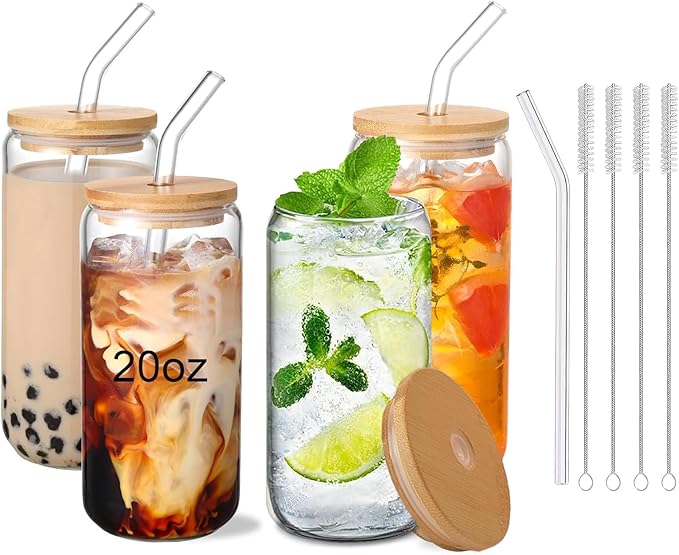 20oz Glass Cups with Lids and Straws Set of 4 – Aesthetic Large Iced Coffee by DAMCONME