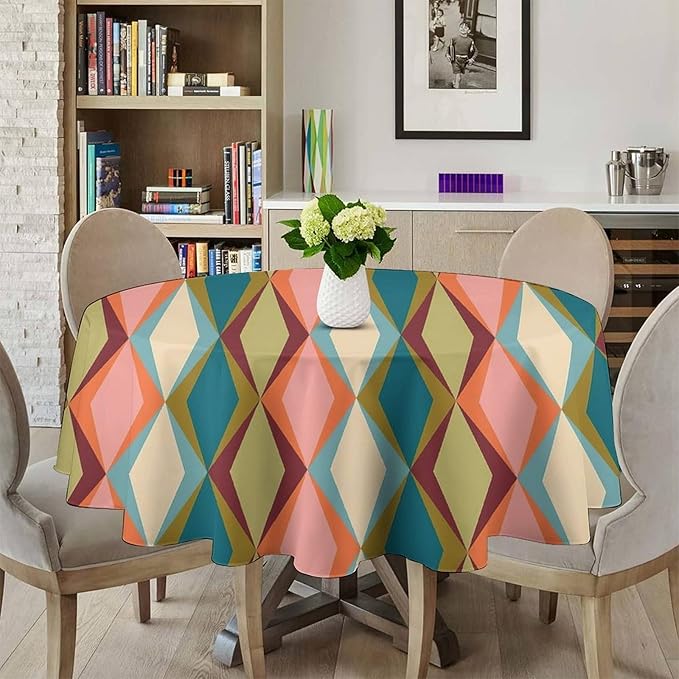 Abstract Geometric Boho Round Tablecloth, Retro Modern Mid Century Tablecloth for Home Party Dining Room Kitchen Decor 60Inch(152cm)
