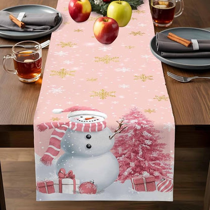 Pink Christmas Snowman Table Runners 72 Inches Long, Cotton Linen Fabric - Image 7