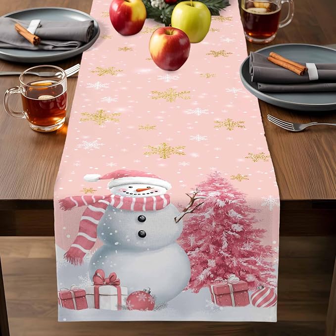 Pink Christmas Snowman Table Runners 120 Inches Long, Cotton Linen Fabric - Image 7