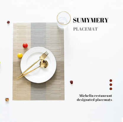 Placemats Set of 12 Vinyl/Plastic Woven Place Mats for Kitchen Table Indoor/Outdoor Washable Placemat Wipeable Dining Table Mats (Ombre Glod,12)