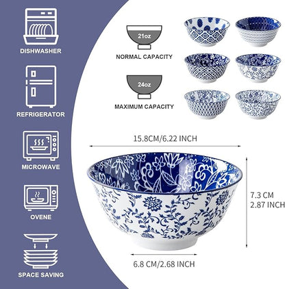 Ceramic Soup Bowls Set - 24 Oz Deep Cereal Bowl for Kitchen - 6 Inch Large Porcelain Dinner Bowl Eating Salad Pasta Dessert Oatmeal - Microwave Dishwasher Safe - Set of 6 - Vintage Blue