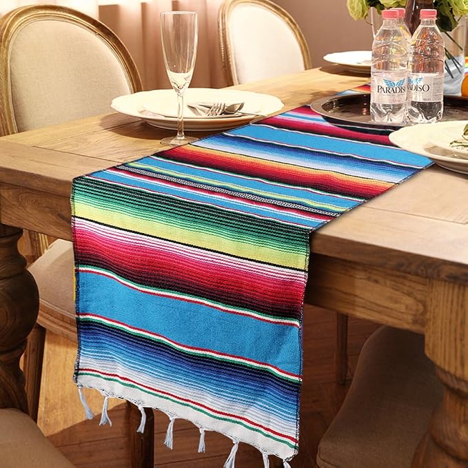 Fowecelt Mexican Serape Table Runner 14 x 84 Inch Hand-Woven Blanket Colorful - Image 4