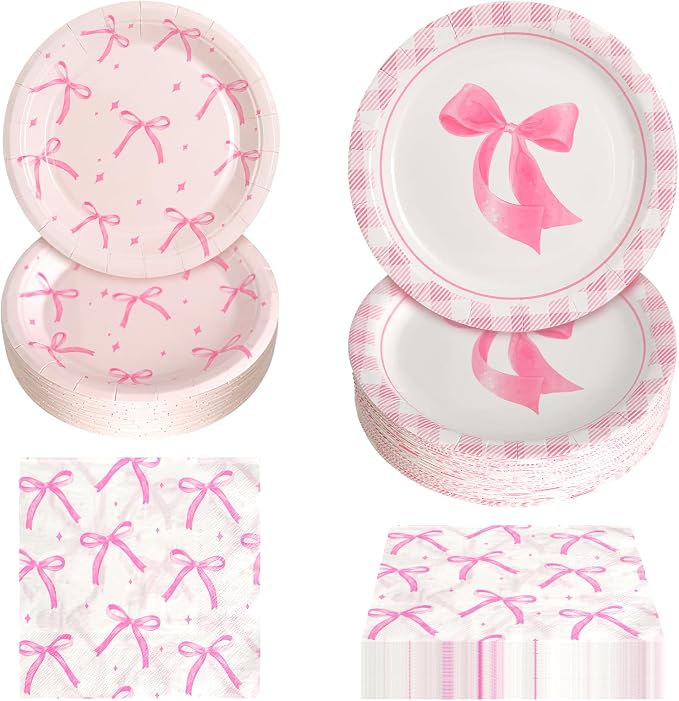 180Pcs Pink Bow Party Supplies Paper Plates and Napkins Serve 60 | Disposable by Hpscdyo