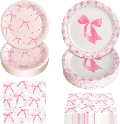 180Pcs Pink Bow Party Supplies Paper Plates and Napkins Serve 60 | Disposable by Hpscdyo